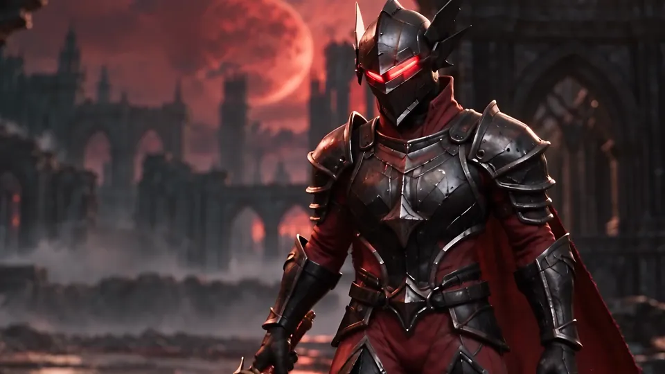 The Crimson Blade in dark armour and a torn red cloak, sword lowered, under a red sky.
