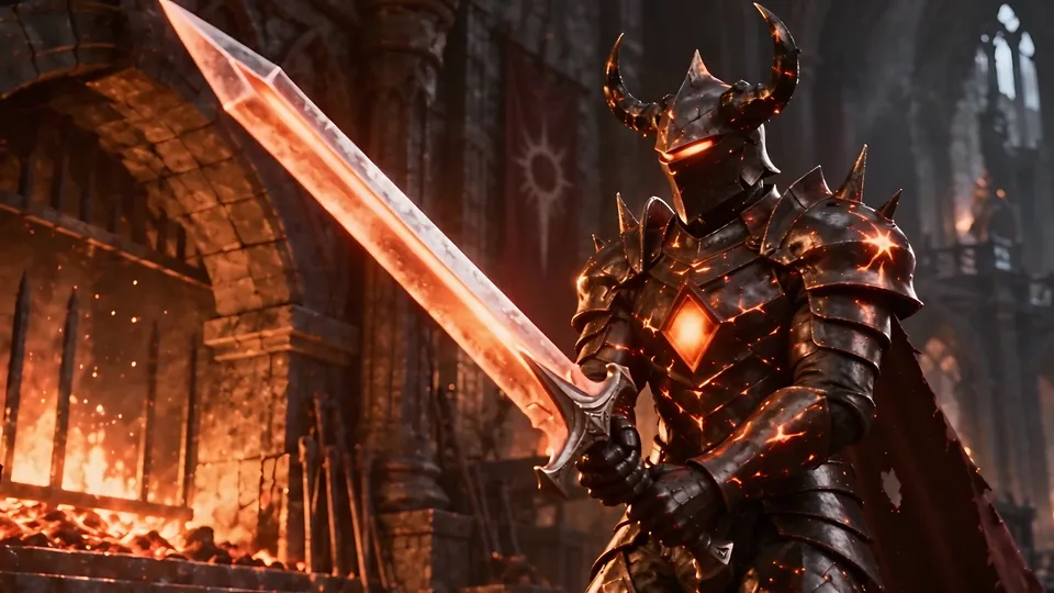 Ember-Forged, horned armour cracked with firelight, holding a glowing blade beside a furnace.
