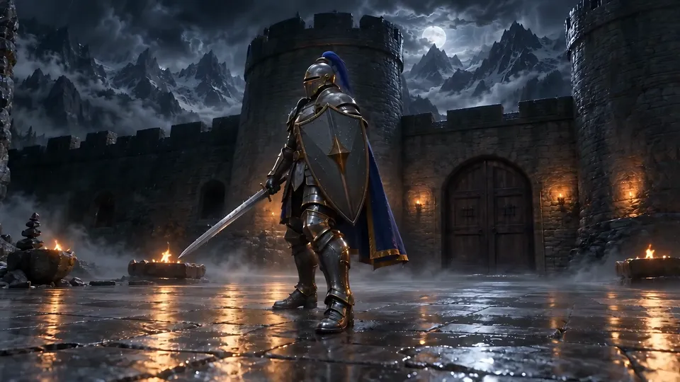 The Iron Warden, sword and shield raised, before the Gate at night.