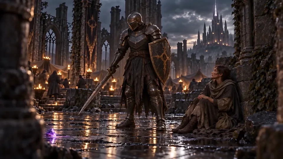 A knight with sword and shield stands beside a resting stranger in a ruined, candlelit city.